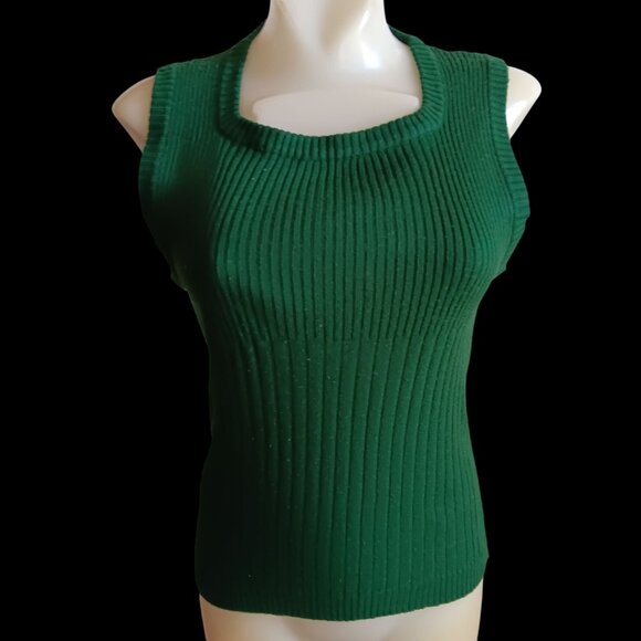 Women's Medium Vintage Sweater Green Ribbed Knit Sleeveless Top 70s Knit - Picture 1 of 5